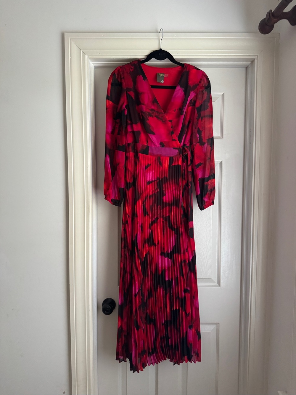 Pleated Pink & Black Floral Wrap Dress